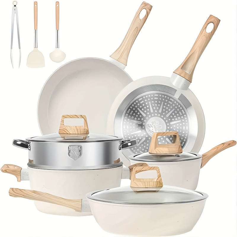 Pots and Pans Set Non Stick, 12 Pcs Kitchen Cookware Sets Induction Cookware Granite Cooking Set with Frying Pans, Saucepans, Steamer Silicone Shovel Spoon & Tongs White
