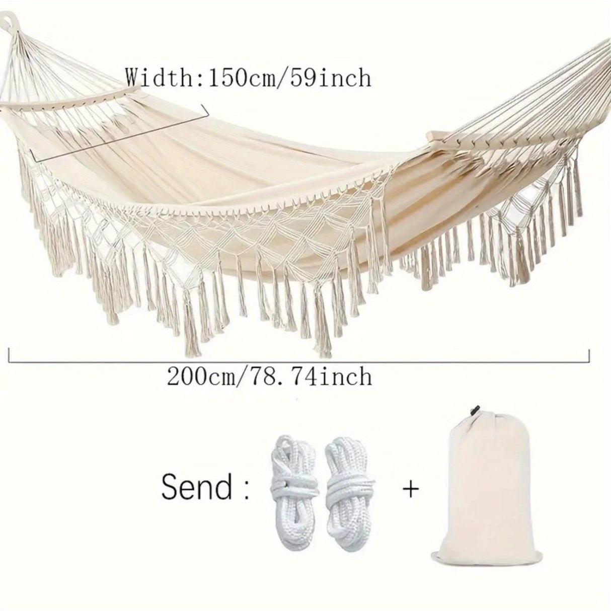 Tassel Hammock, Double Boho Hammocks with Fringe, Portable Camping Indoor Outdoor Garden Hammock Swing with Travel Bag, Max 500lbs Load Capacity for Outdoor, Garden, Patio, Wedding Decor White