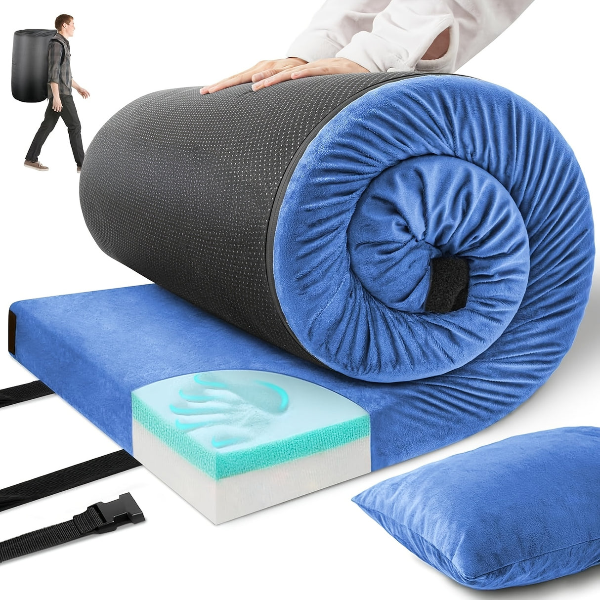 3 Inch CertiPUR-US Memory Foam Camping Pad, Waterproof Roll Up Sleeping Pad for Adults, Comfortable Thick Floor Sleeping Mats for Car Truck Tent with Removable Travel Bag