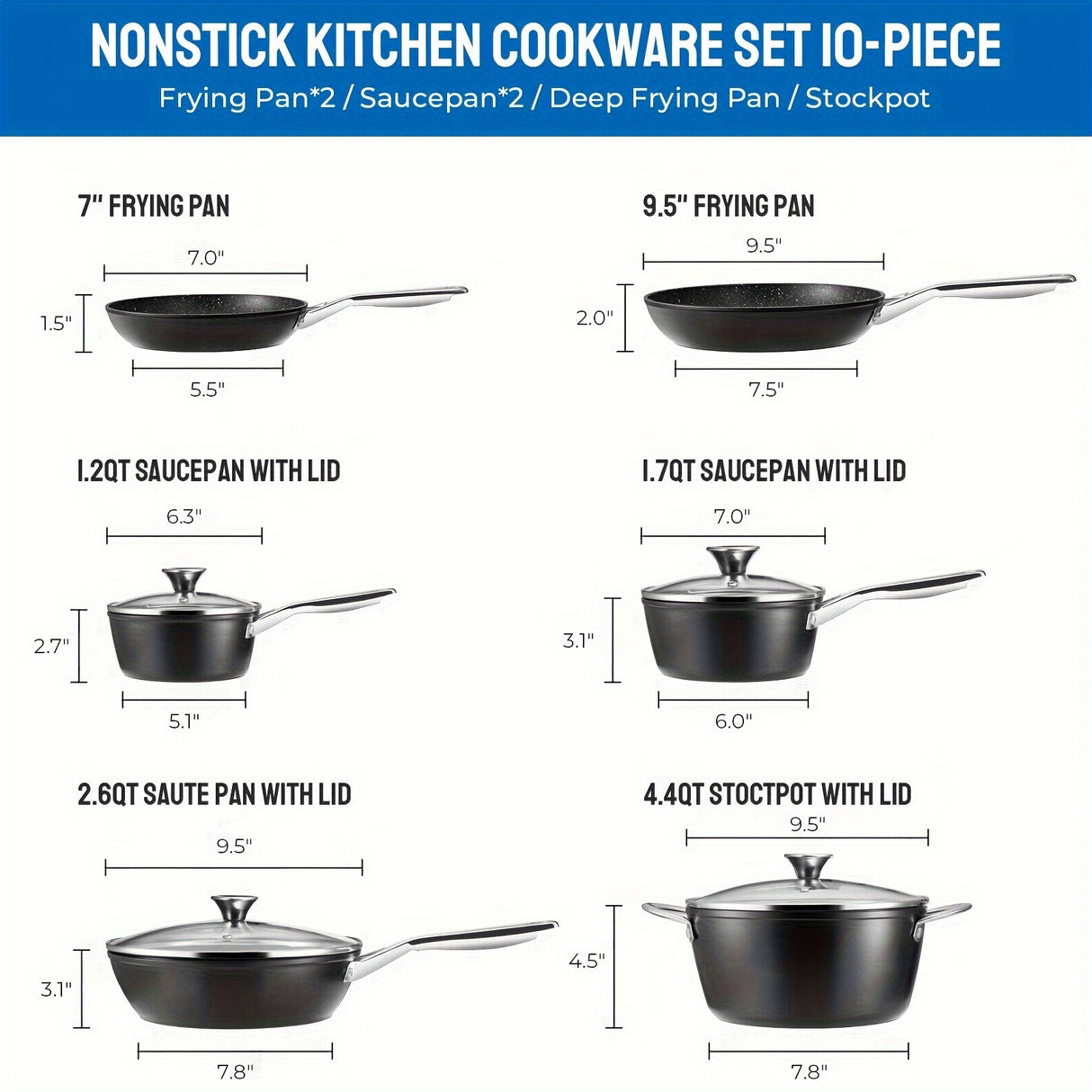 10-Piece Nonstick Induction Cookware Set - Ultra-Durable, Universally Compatible, and Dishwasher Safe - Comprehensive Kitchen Cooking Pan Set with Frying Pans, Saucepans, and Large Stockpot for Everyday Meal Preparation