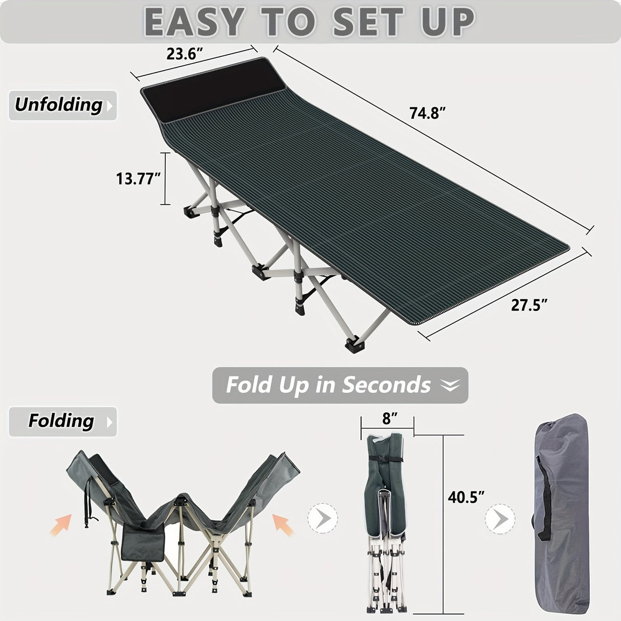 1pc Folding Bed, Camping Cots With Double-Sided Mattress, Portable Foldable Guest Bed, Heavy Duty Sleeping Bed Cot With Carry Bag, Gray&Blue