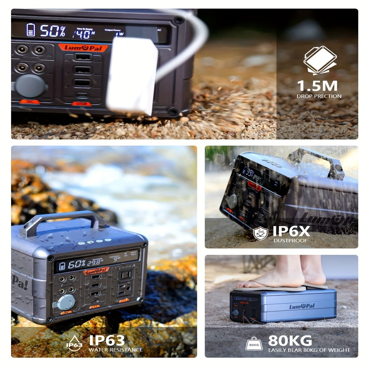 Portable Power Station 300W, Lumopal 298Wh Solar Generator IP63 Waterproof Super Quiet With PD 100W USB-C/ 120V AC Pure Sine Wave Outlet, Backup Lithium Battery For Camping Home Blackout (500W PEAK)