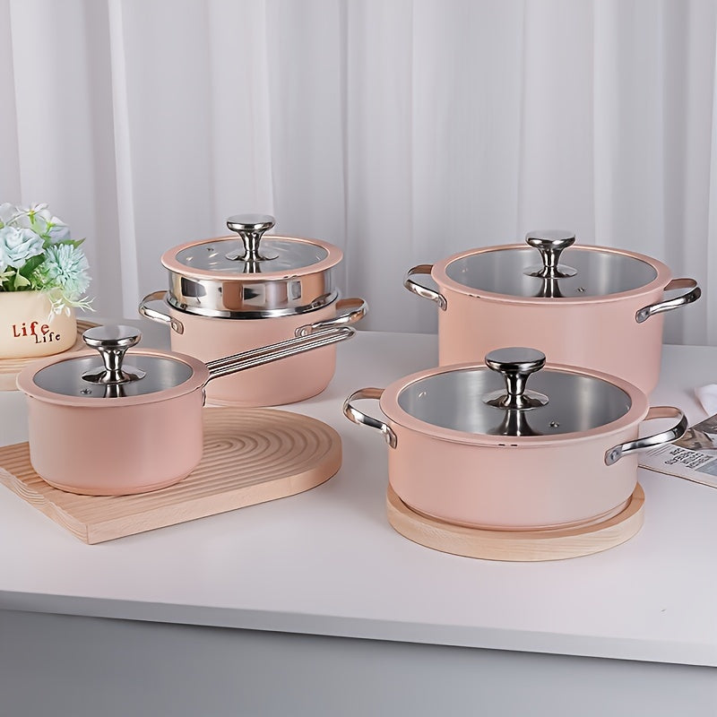 Purecook 9pcs, Stainless Steel Cookware Set, Ceramic-Coated, Durable Glass Lids With Silicone Trim, Versatile For Induction & Gas Cooktops, Includes 1Sauce Pan, 2 Soup Pot, 1Rondeau, 4Lids &
1Steamer, Dishwasher Oven Safe,