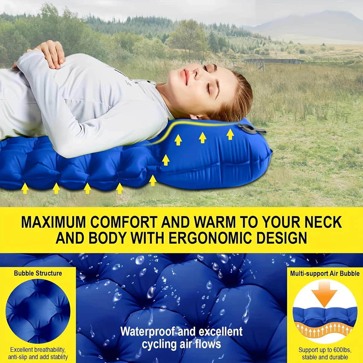 4-Inch Thick Self-Inflating Camping Air Mattress - Ultralight Sleeping Pad with Built-in Foot Pump Pillow for Backpacking, Hiking & Tent Use - Compact, Portable, and Rectangle Single-Person TPU Fabric Design with Stuff Sack I