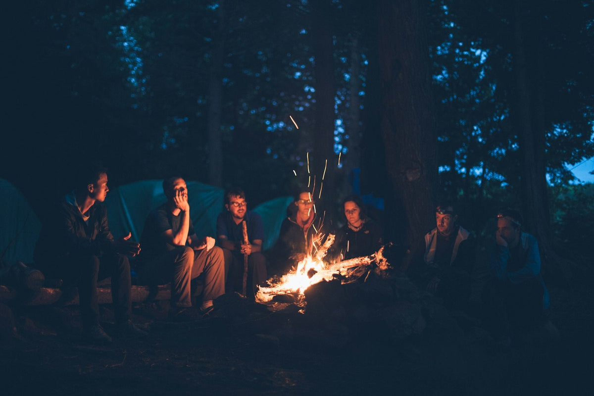 Family and friends around a campfire at night