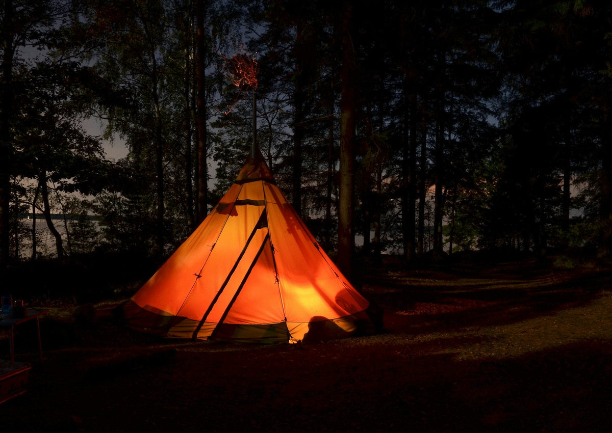 Orange tent glowing in a dark forest campsite