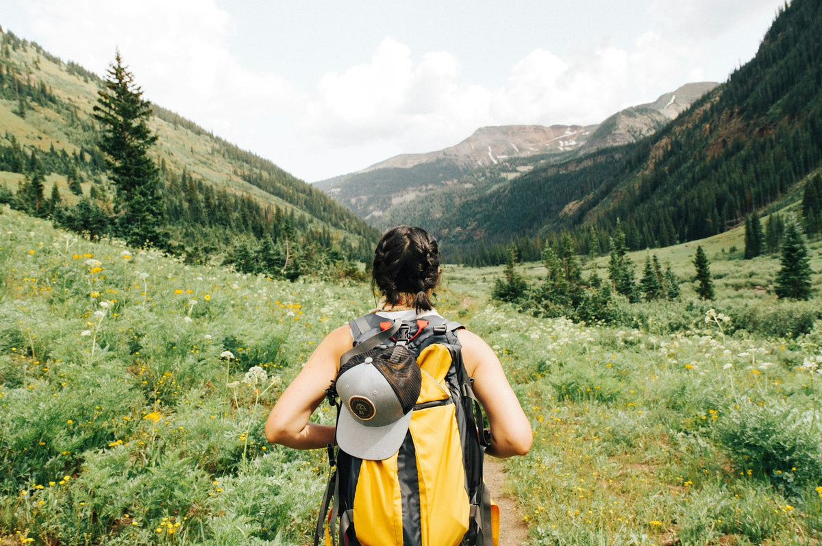 Hiker with a yellow backpack walking through a green mountain meadow