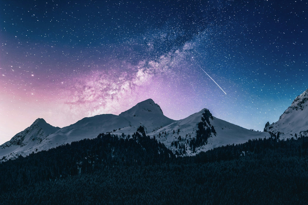 The Milky Way glowing above snow-capped mountains