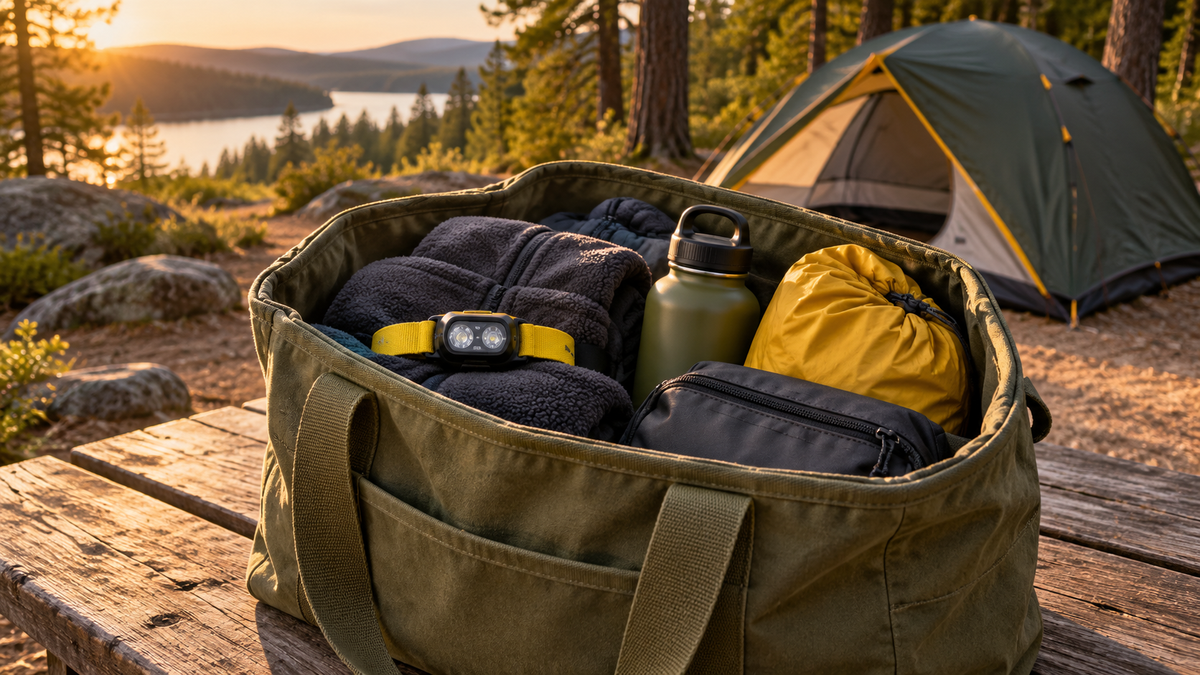 Olive arrival tote with a headlamp, fleece, water bottle and small pouches on a picnic table beside a pitched tent.