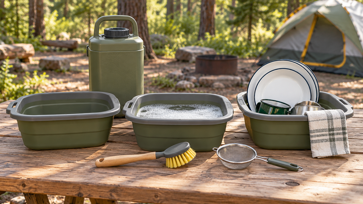 Three olive wash basins, water jug, dish brush, strainer and dishes arranged on a campsite picnic table.