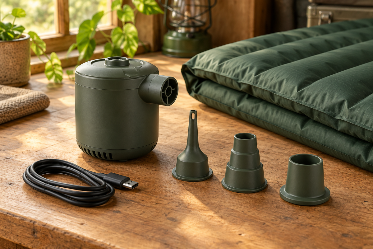 Conceptual illustration of an air mattress pump with separate nozzle adapters and cable beside a folded green mattress.