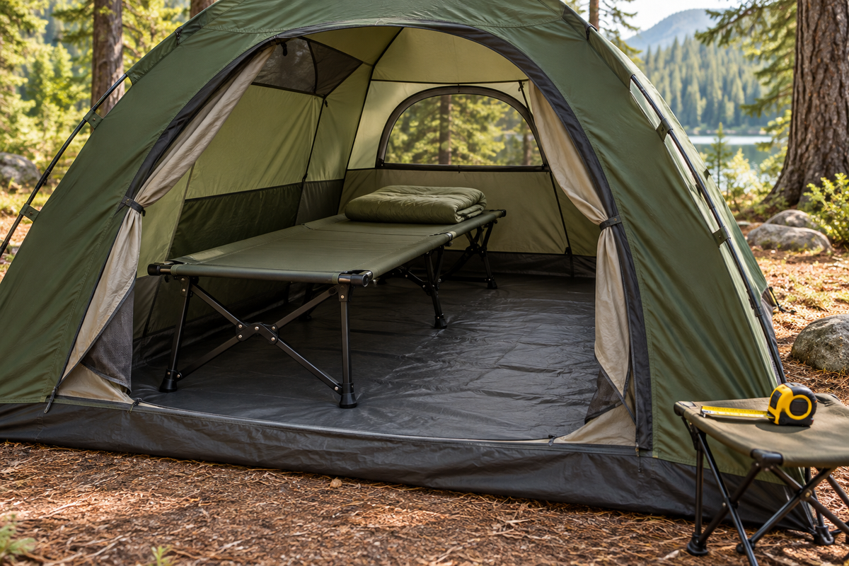 Conceptual green camping cot inside an open tent, with clear floor space beside it and a tape measure on a stool outside.