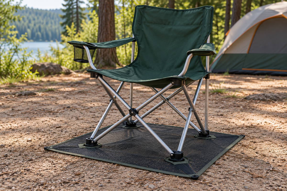 Illustration of an empty camping chair with its feet secured in a fitted mesh base on level ground.
