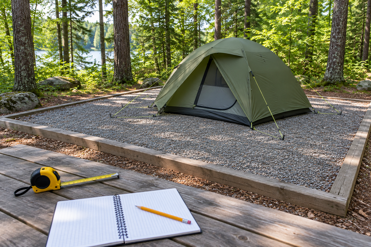 Illustration of a tent pitched on a gravel pad, with a measuring tape and notebook in the foreground.