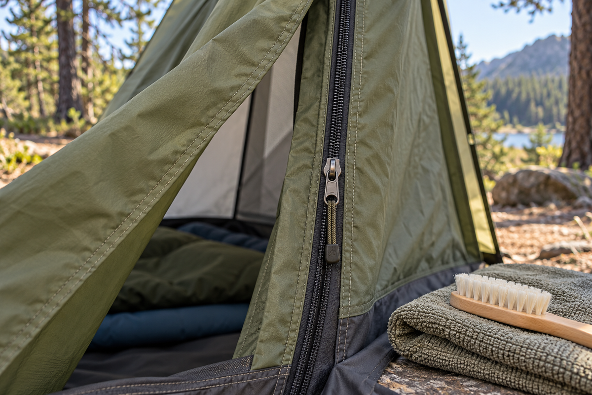 Illustration of an intact olive tent-door zipper beside a soft cleaning brush resting on a cloth.
