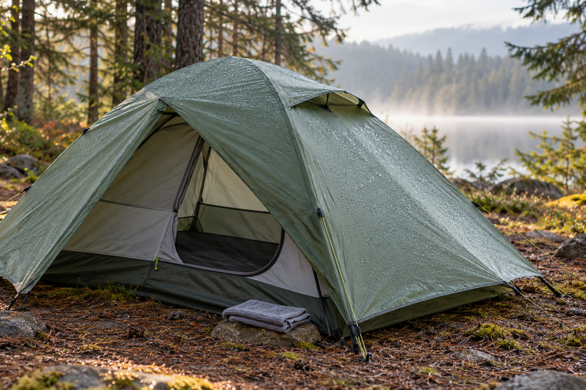 Illustration of a dew-covered tent with an open rainfly vent at a quiet wooded campsite.