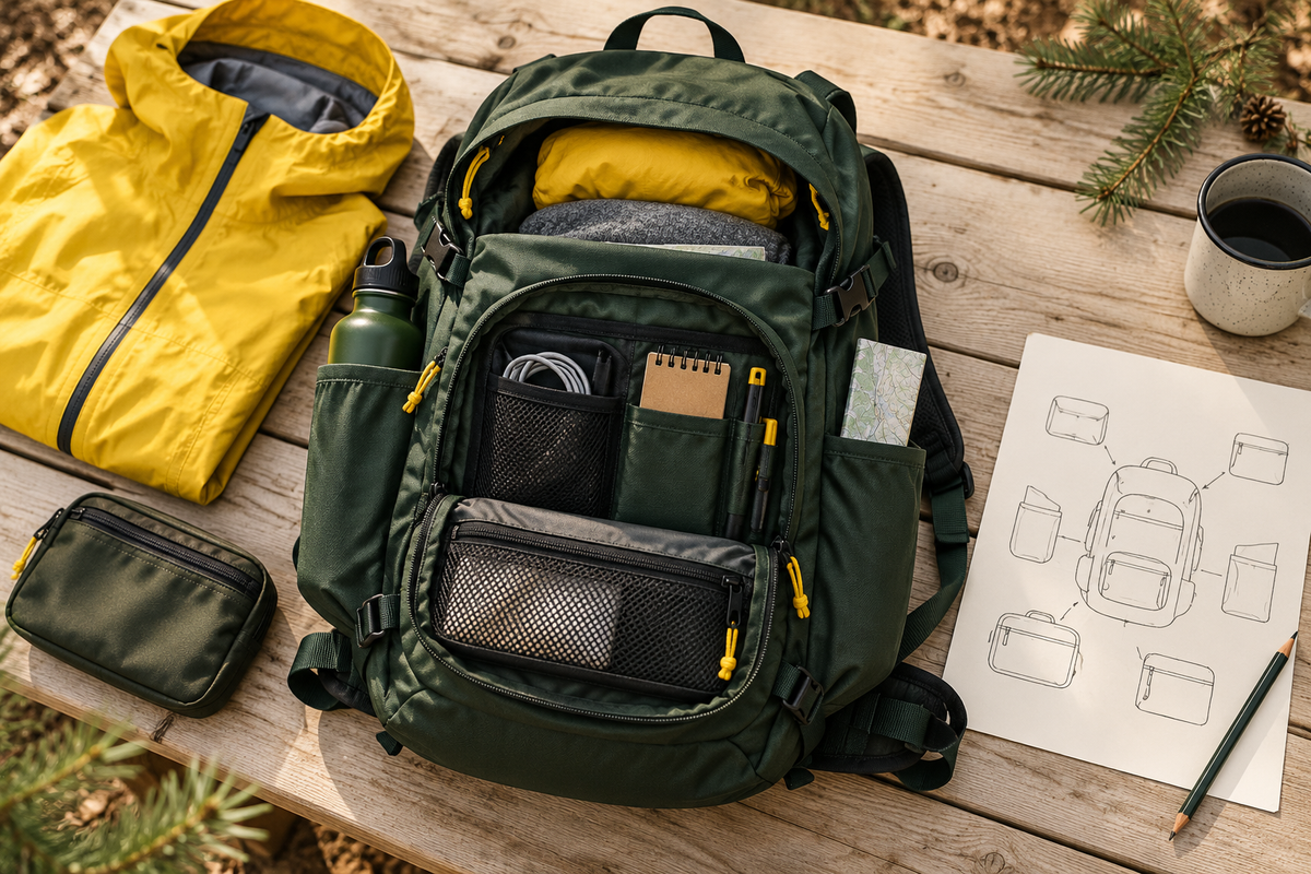 Illustrative open hiking backpack with organized pockets, a yellow jacket and a hand-drawn pocket map on a picnic table.