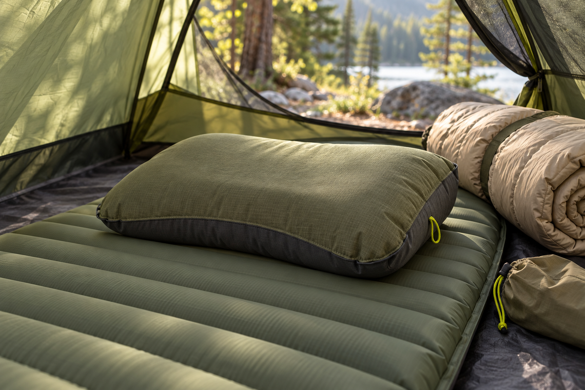 Conceptual olive camping pillow on a sleeping pad inside a green tent, with a rolled sleeping bag and small carry pouch.