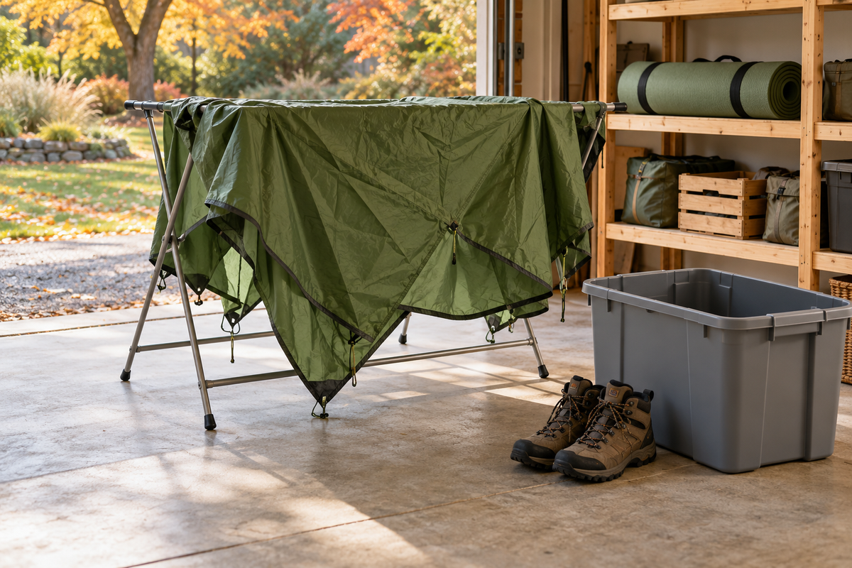 Green tent fabric draped over a drying rack beside hiking boots and an open gear bin in an airy garage.