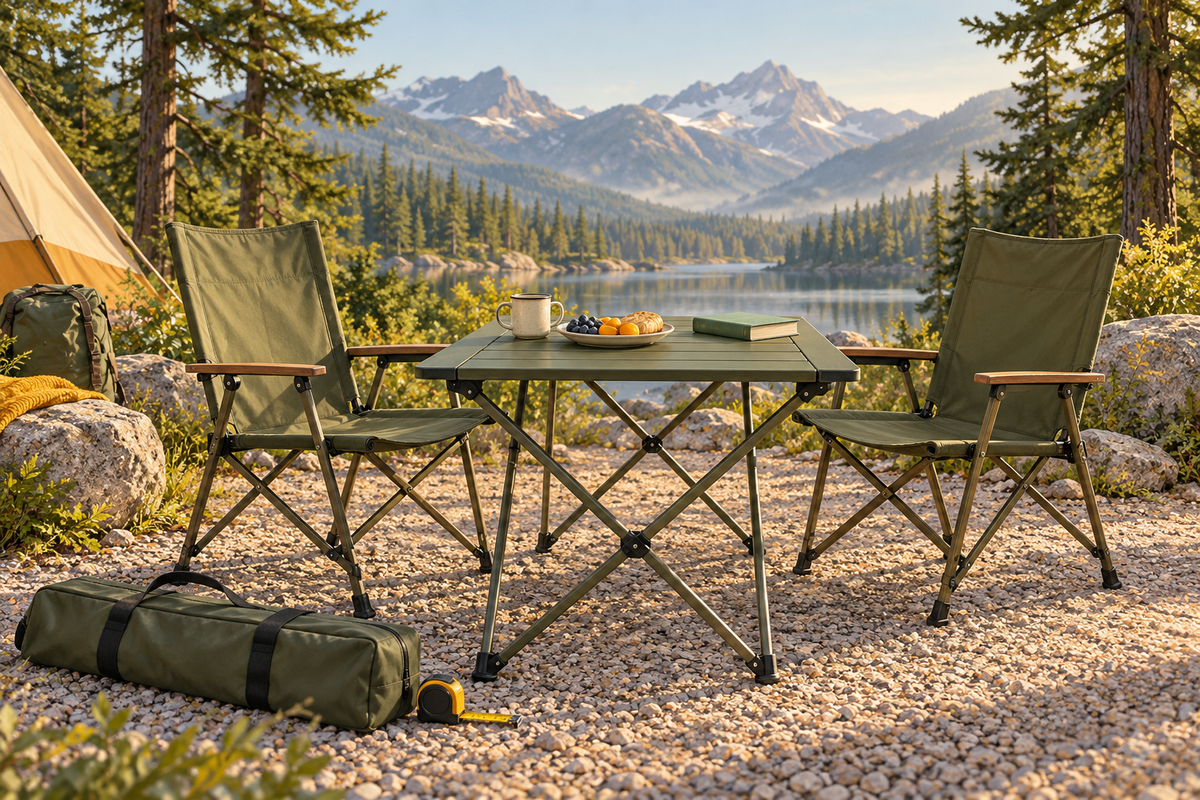 Conceptual campsite scene with an olive folding table, two chairs, a carry bag and a measuring tape.