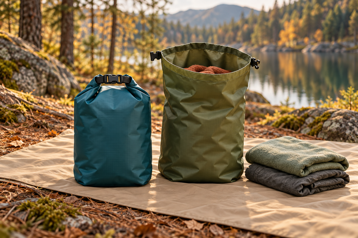 Conceptual open and closed dry bags with folded clothing at a wooded campsite.
