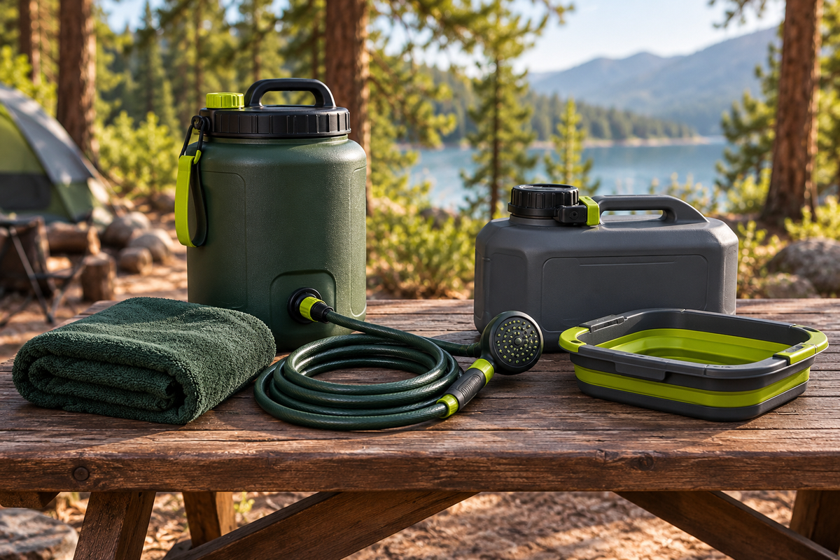 Conceptual camp-shower kit with hose, towel, separate water containers and collapsible basin on a picnic table.