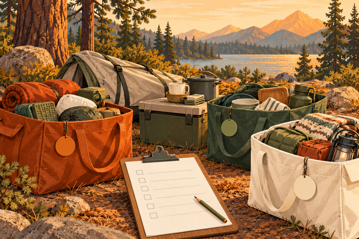Conceptual illustration of three tagged camping totes, a tent bag and a shared planning clipboard.