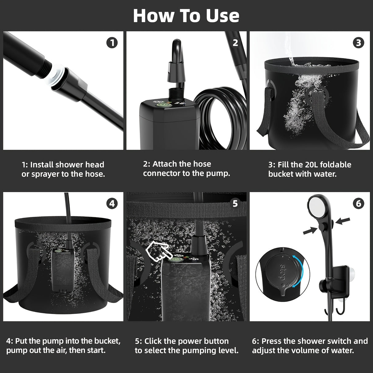 [Portable Shower] 6000mAh Portable Camping Shower | 5 Gallon Foldable Bucket & Filtered Shower Head - Battery/USB Powered Outdoor Shower for Hiking, Beach, Travel, Pet Bath, Car Washing, Surf & Boat Cleaning, Highquality Comp