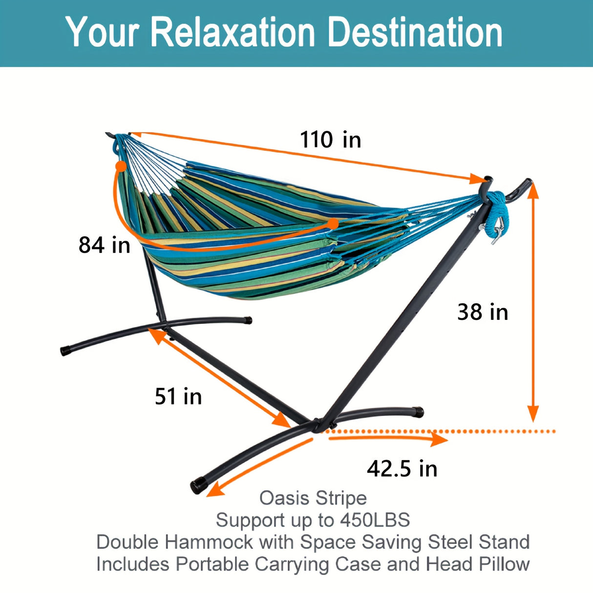 Lazy Daze Hammocks Double Hammock with Space Saving Steel Stand Includes Portable Carrying Case and Head Pillow, 450 Pounds Capacity