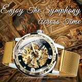 Vintage Skeleton Mechanical Watches Rhinestone Studded Stainless Steel Strap Luminous Watch, Ideal choice for Gifts