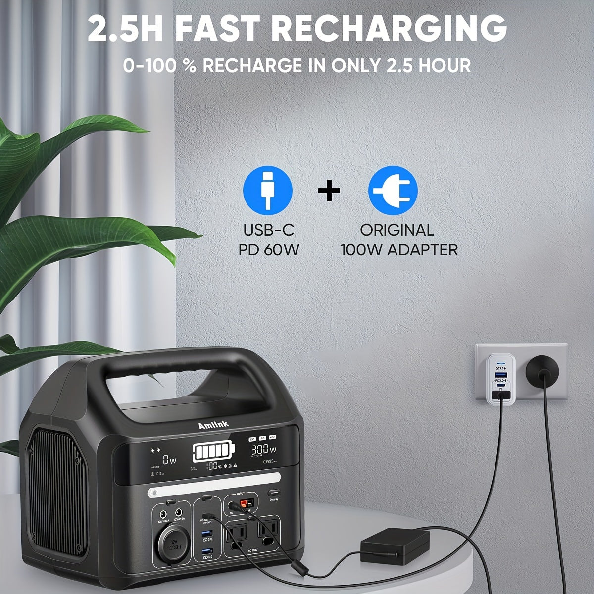 Portable Power Station for Camping 300W 299Wh LiFePO4 Battery Powered power bank, 2 Up to 300W AC Outlets 100W USB C and PD Total 8 Output Ports, Home Battery Backup for Outdoor 93600mAh with LED Light
