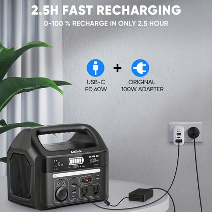 Portable Power Station for Camping 300W 299Wh LiFePO4 Battery Powered power bank, 2 Up to 300W AC Outlets 100W USB C and PD Total 8 Output Ports, Home Battery Backup for Outdoor 93600mAh with LED Light