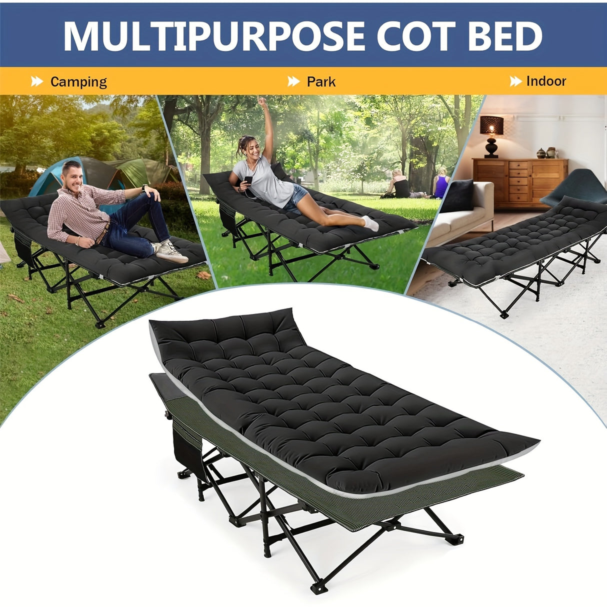 Camping Cots for Adults with Mattress, Chaise Lounges Folding Outdoor Camping Travel Cot with Pad 900LBS(Max Load), Lightweight, Stable, Durable Folding Bed with Carrying Bag