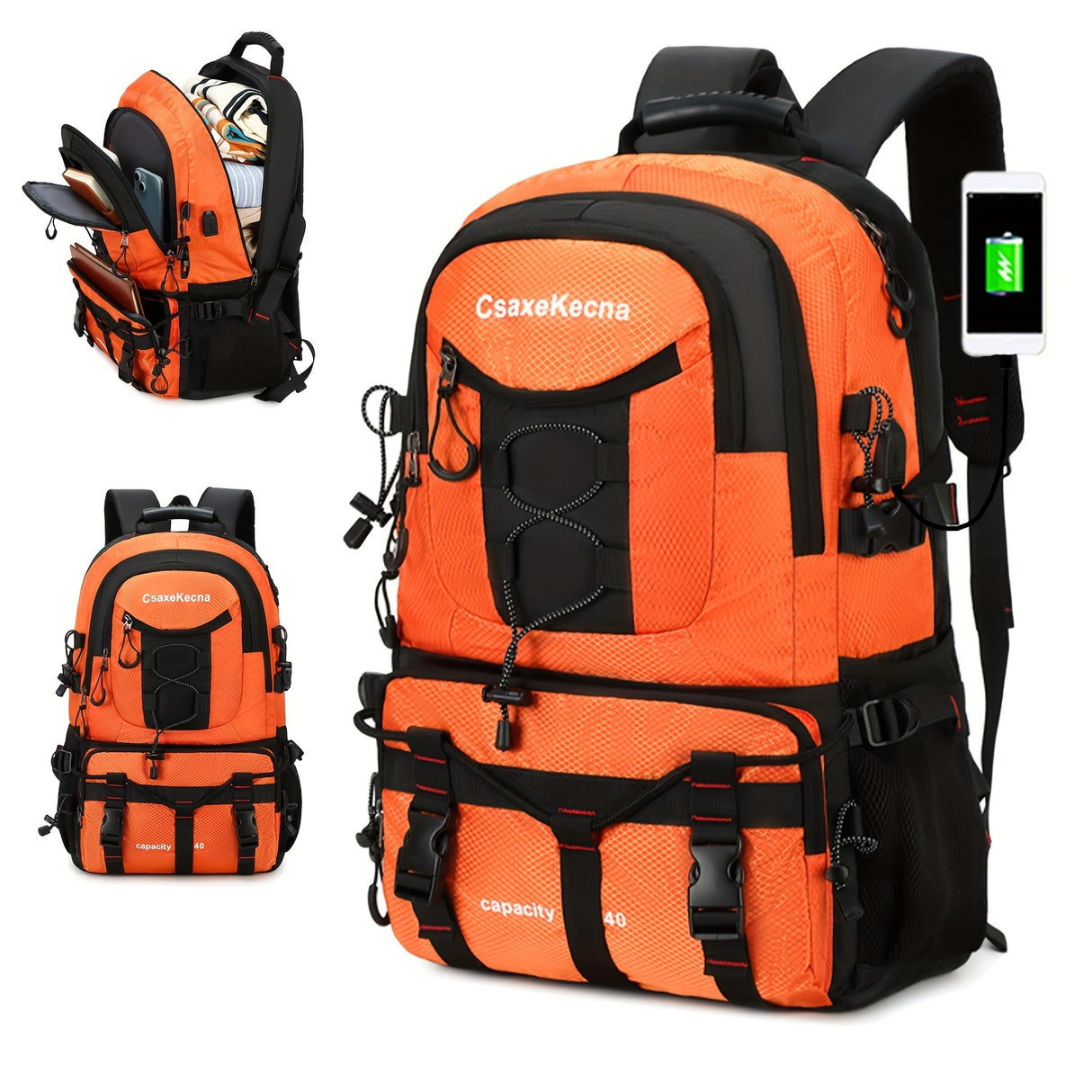 [40L CsakeKecna Backpack] CsakeKecna 40L Lightweight Hiking Backpack | Large Capacity Travel Climbing Rucksack with Laptop Compartment, USB Powered, Adjustable Straps, Zip Closure, Polyester Lining - Solid Color for Men and W
