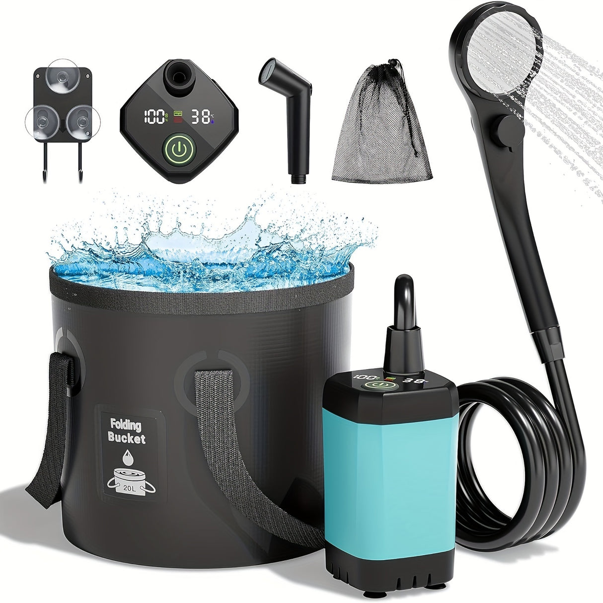 [Portable Shower] 6000mAh Portable Camping Shower | 5 Gallon Foldable Bucket & Filtered Shower Head - Battery/USB Powered Outdoor Shower for Hiking, Beach, Travel, Pet Bath, Car Washing, Surf & Boat Cleaning, Highquality Comp