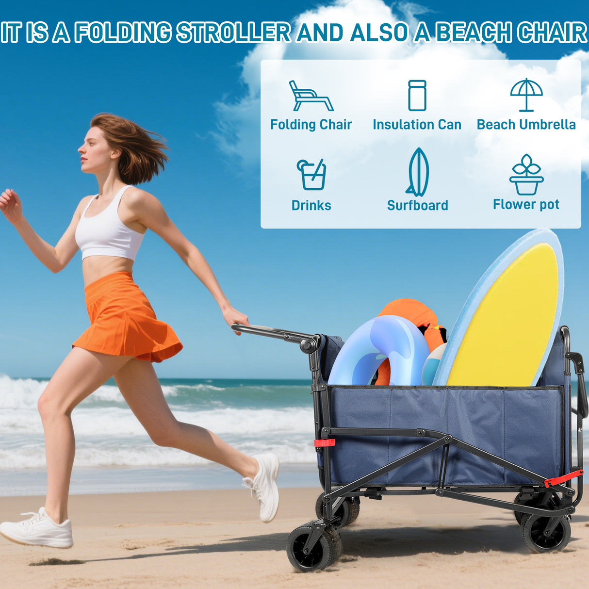 Collapsible Folding Wagon Cart, Convertible beach chair, Large Capacity Camping Wagon, Can hold up to 400 lbs, All Terrain Foldable Wagon, Heavy Duty Utility Wagon Cart For Grocery Outdoor Beach Gardening Shopping Fishing
