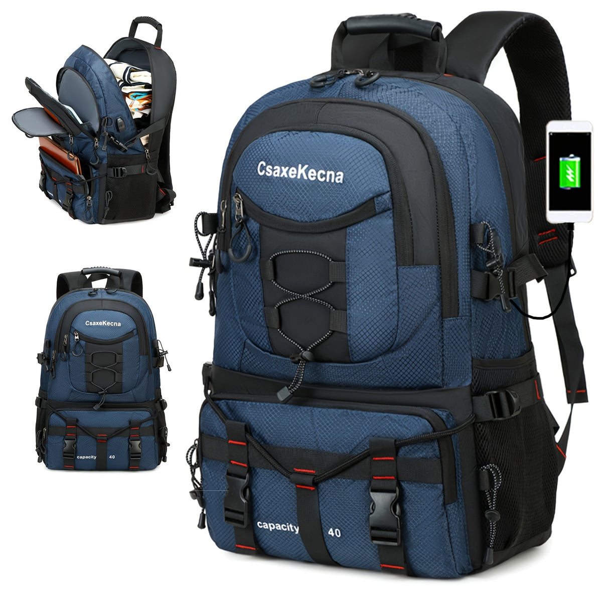 [40L CsakeKecna Backpack] CsakeKecna 40L Lightweight Hiking Backpack | Large Capacity Travel Climbing Rucksack with Laptop Compartment, USB Powered, Adjustable Straps, Zip Closure, Polyester Lining - Solid Color for Men and W