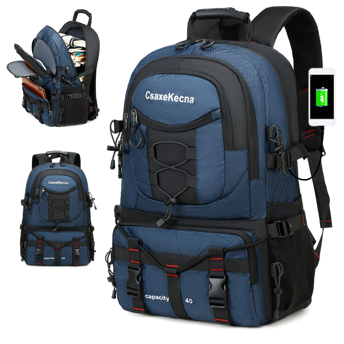 [40L CsakeKecna Backpack] CsakeKecna 40L Lightweight Hiking Backpack | Large Capacity Travel Climbing Rucksack with Laptop Compartment, USB Powered, Adjustable Straps, Zip Closure, Polyester Lining - Solid Color for Men and W