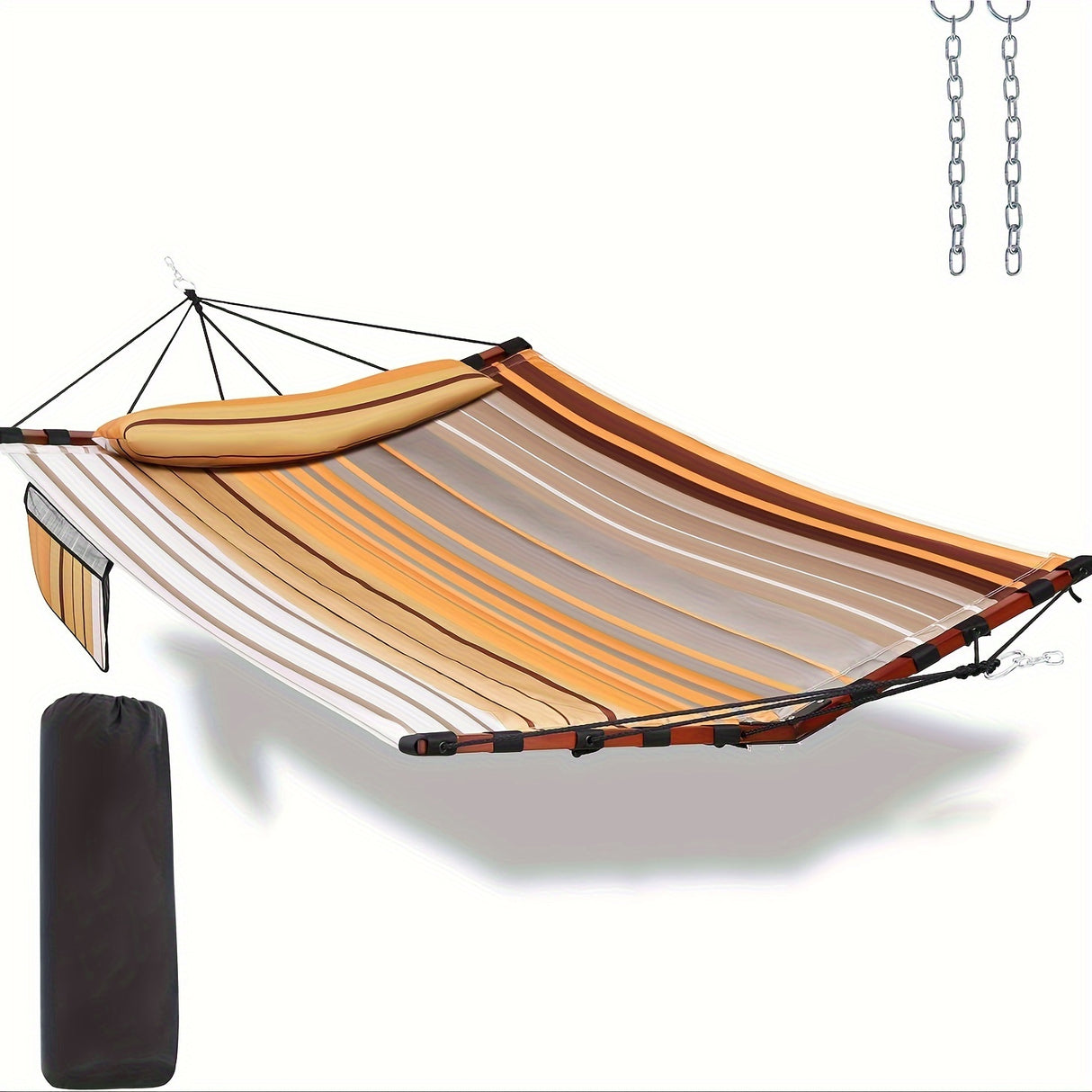Deluxe 12ft 2-Person Beige Hammock with V-Shaped Hardwood Spreader Bar & Durable Nylon Rope - 450LB Capacity, Quick-Dry Fabric for Patio, Garden, Backyard, Beach & Poolside Relaxation, Hammocks for Outside