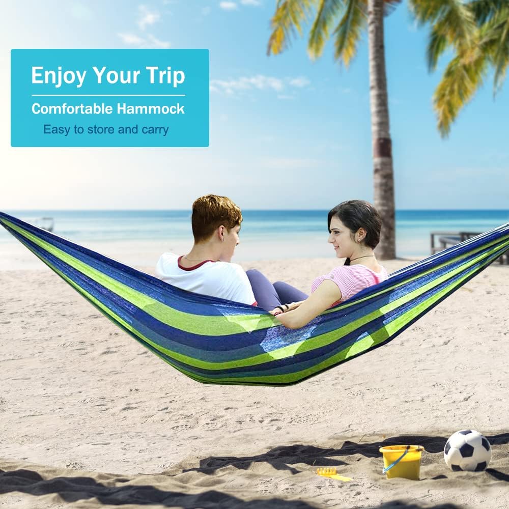 2-Person Anti-Flip Camping Hammock with Striped Design - Spacious Double Hammock with Quick-Setup Straps & Durable 100% Polyester Fabric for Couples, Friends - Perfect for Backyard, Beach, Hiking & Outdoor Adventures, Beach H