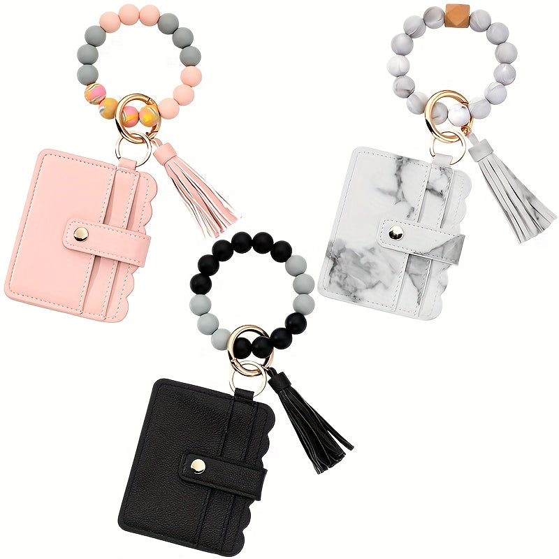 3pcs Silicone Beaded Bracelet Card Holder, Leopard Print PU Tassel Wallet Keychain, Camping Bag Accessories