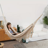 Tassel Hammock, Double Boho Hammocks with Fringe, Portable Camping Indoor Outdoor Garden Hammock Swing with Travel Bag, Max 500lbs Load Capacity for Outdoor, Garden, Patio, Wedding Decor White