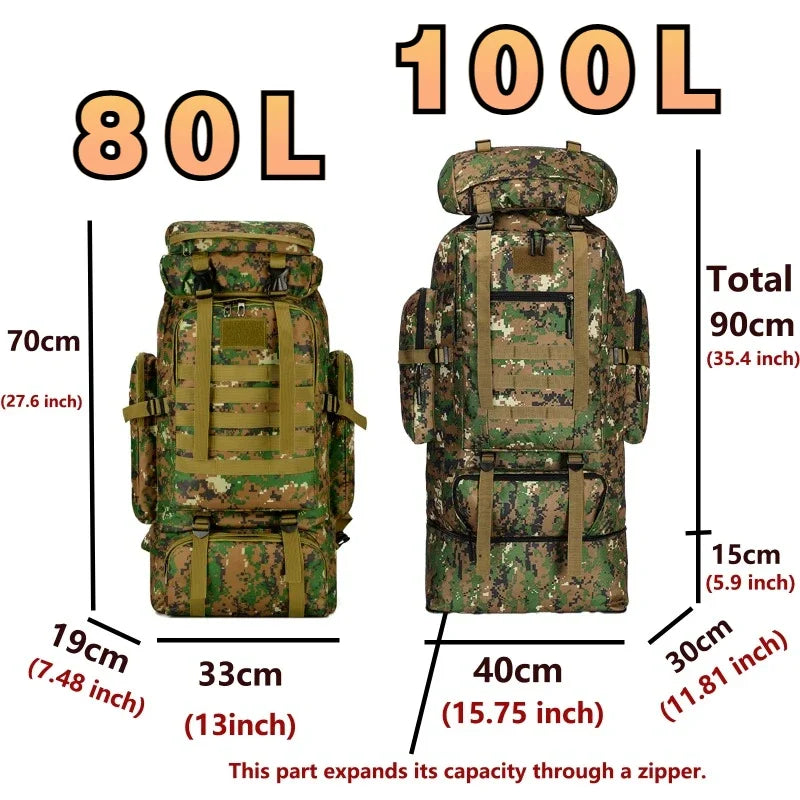 100L Desert Camouflage Tactical Hiking Backpack for Camping