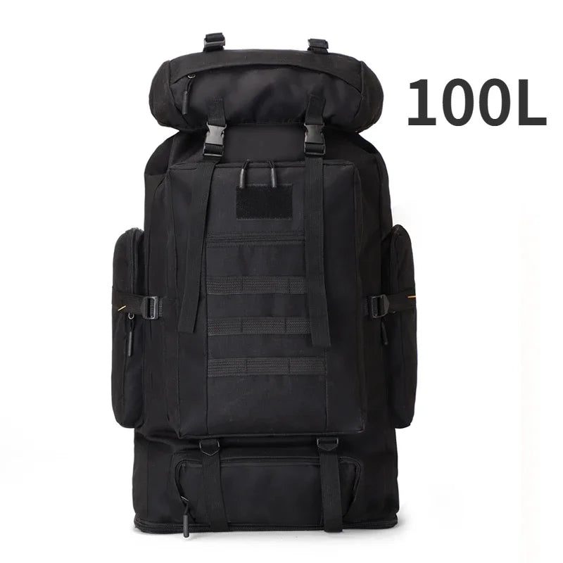 100L black tactical hiking camping backpack