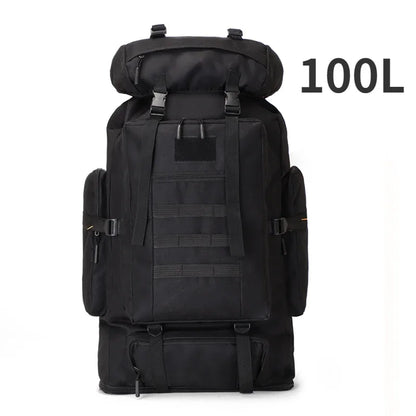 100L black tactical hiking camping backpack