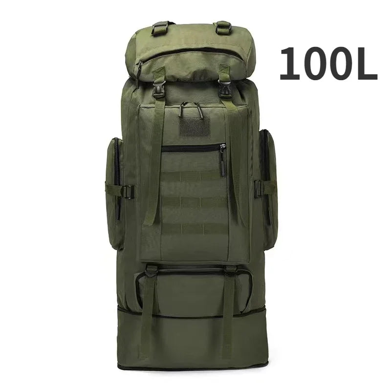 100L green tactical hiking camping backpack