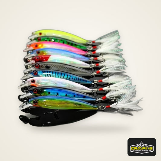 10pcs Larser Minnow Fishing Lures Set Catch Bass Faster with Feather Hook Artificial Bait Crankbait 9cm/7g
