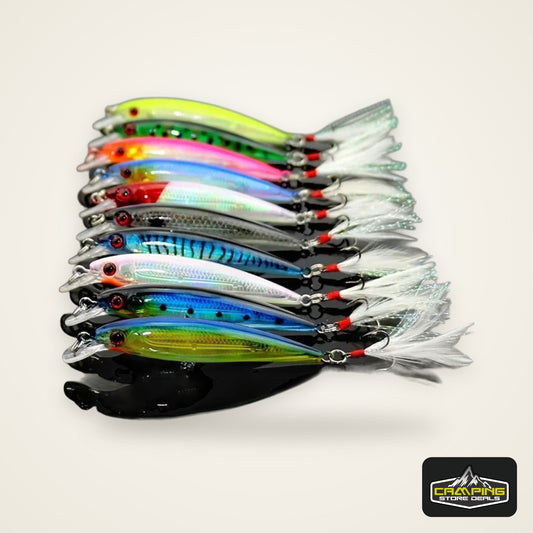 10pcs Larser Minnow Fishing Lures Set Catch Bass Faster with Feather Hook Artificial Bait Crankbait 9cm/7g