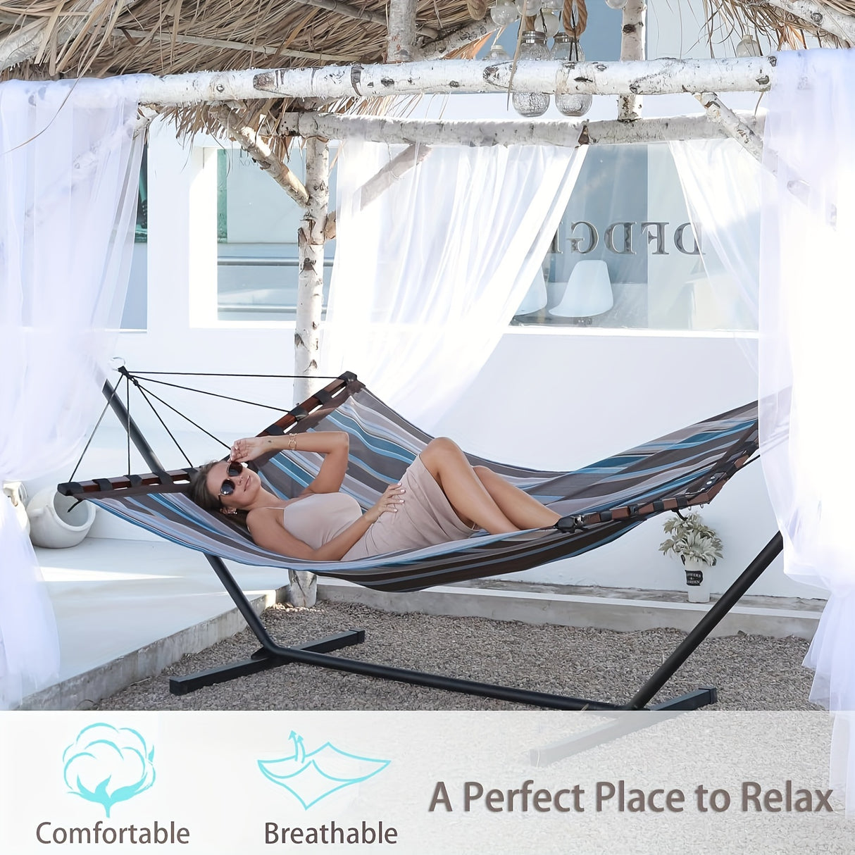 Deluxe 12ft 2-Person Beige Hammock with V-Shaped Hardwood Spreader Bar & Durable Nylon Rope - 450LB Capacity, Quick-Dry Fabric for Patio, Garden, Backyard, Beach & Poolside Relaxation, Hammocks for Outside