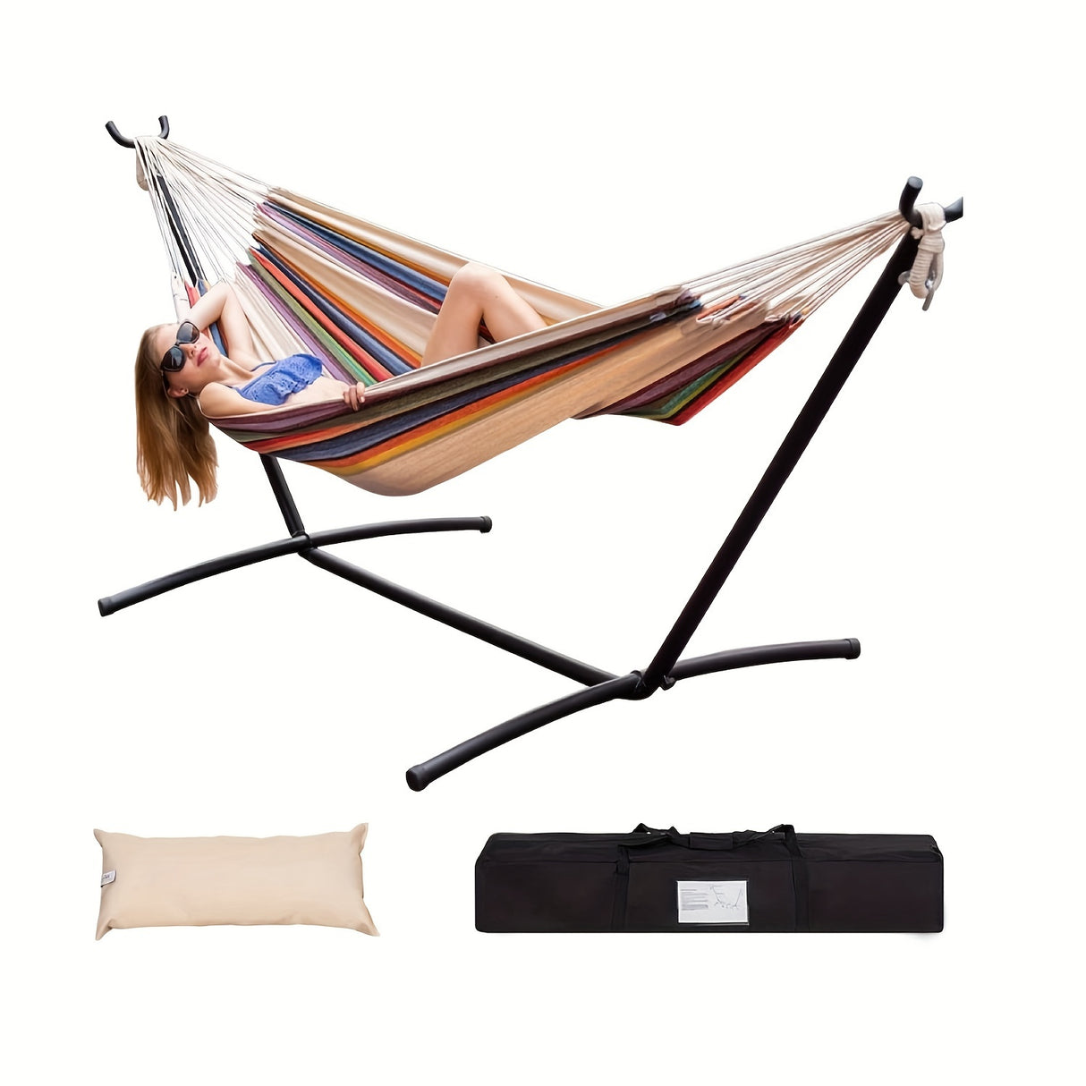 Lazy Daze Hammocks Double Hammock with Space Saving Steel Stand Includes Portable Carrying Case and Head Pillow, 450 Pounds Capacity